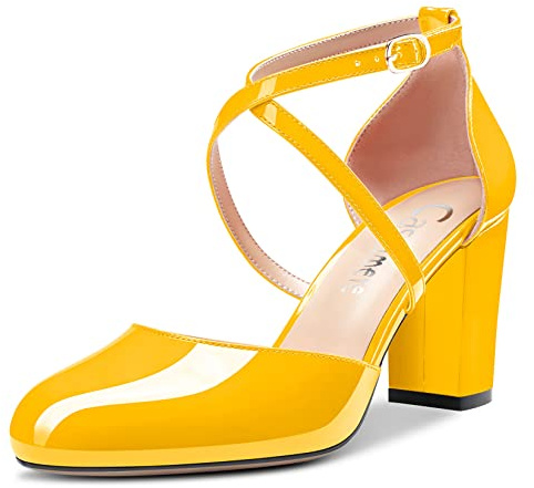 Castamere Femmes Bloc Chunky Mi Talon Heel Rond Bout Lanières Croisées Escarpins Slip-on Classique Cute Dress 8 CM Heels Jaune 38 EU