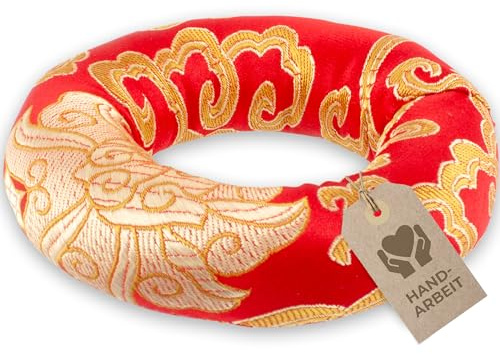 Klangschalenkissen in Ring-Form für die sichere Position Ihrer Klangschale (bis Ø 20 cm) und mehr Klang, traditionelle Handarbeit, rot-gold