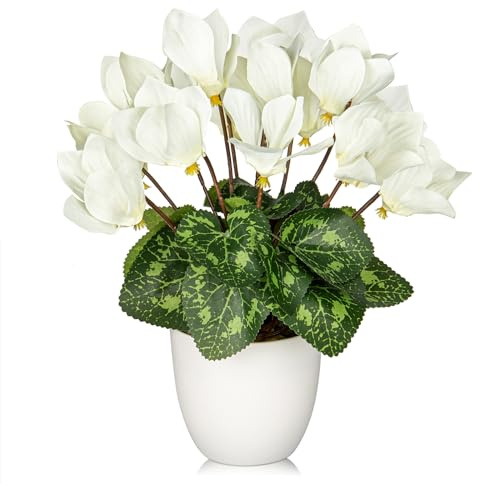 Oairse Fiori di Ciclamino Artificiali Pianta in Vaso Fiori Finti di Seta Piante in Vaso Finto Ciclamino Bianco Composizione Floreale Decorazione per la Casa Ufficio Bagno Mensola Scrivania Decorazione