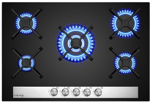 GASLAND GH6805BG1FC Table de Cuisson à Gaz 5 Feux Avec Brûleur Wok, Encastrable, 76 cm Noir Vitrocéramique, 10400 Watt, GPL/Gaz Naturel
