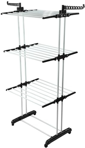 KADAX Vertikaler Wäscheständer mit 6 faltbaren Flügeln und 3 Ebenen, Wäschetrockner mit Rollen, Platzsparender Turmwäschetrockner, Flügelwäschetrockner (128 x 63,5 x 175 cm)