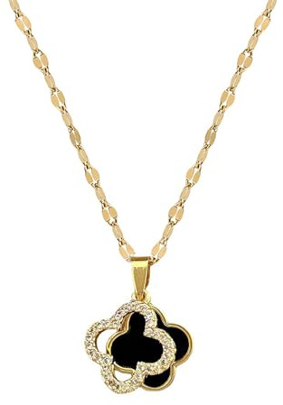 Hanaoops Collier Pendentif Trèfle à Quatre Feuilles en Onyx - Fine Bijoux en Acier Inoxydable Or avec Zircon Incrusté - Lucky Cadeaux pour Femmes et Soeurs