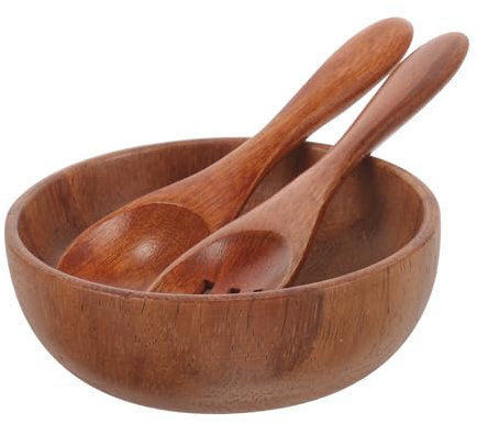 CIYODO 1 Set Wooden Salad Bowl and Servers Set, Wood Salad Mixing Plate Fruits Serving Handmade Bowl with Spoon, Fork for Vegetables