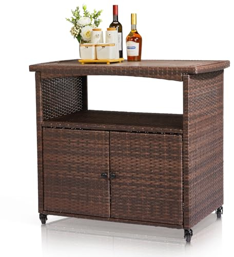 VINGLI Wicker Outdoor Bar Cart with Storage & Rolling Wheels, Patio Bar Table w/Shelf, Outdoor Storage Cabinet Buffet Cabinet Grill Cart for BBQ Pool Patio Kitchen, Brown