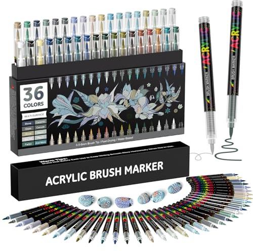 TrendGate 36 Couleurs Feutre Acrylique, Marqueur Peinture Acrylique Pinceau Pour Papier, Verre, Galet, Métal, Plastique, Bois, Oeuf, Céramique, Textile - Gris