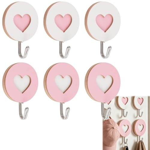 6 Pcs Pink Heart-Shaped Coat Hook Wooden Decorative Wall Mounted Hooks Universal Self-Adhesive Hooks No Drill Stick-On Hook for Home Office Durable Holders for Hanging Clothes, Bags, Scraves