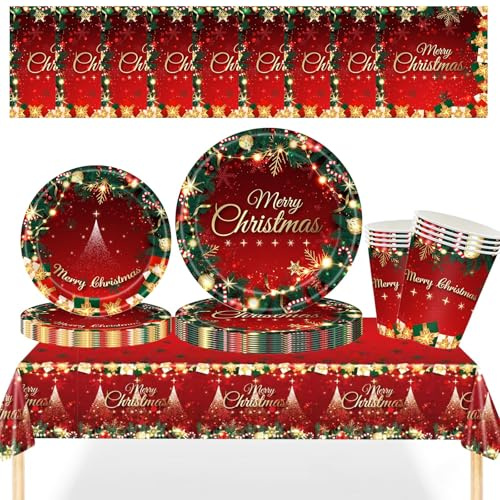 MOMAHUA 69 Pièces Vaisselle de Noël en Papier,Service de Vaisselle Rouge avec Ensemble Assiettes,Serviettes,Gobelets et Nappe,Décoration de Table Noël Fêtes de Fin d'Année - 16 Convives
