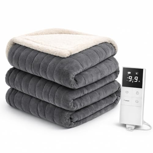 LEVSON Electric Heated Blanket with 9 Heat Levels &1-12H Timer, 80W Fast Heating Throw with Auto Safety Temperature Adjustment, Overheat Protection & Temperature Memory Funtion, 160 * 120cm