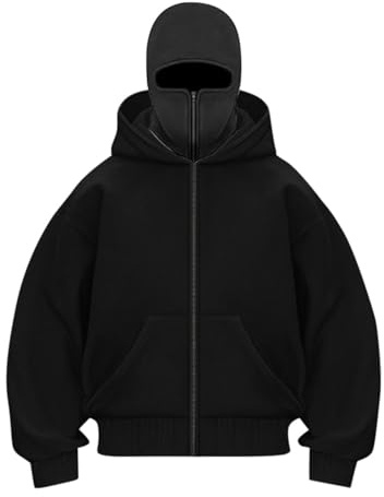 Felpa con cappuccio e zip da uomo, con chiusura lampo, con passamontagna, felpa con doppia cappuccio Ninja oversize, maschera, felpa antivento Y2K, giacca con cappuccio a motore, XXL