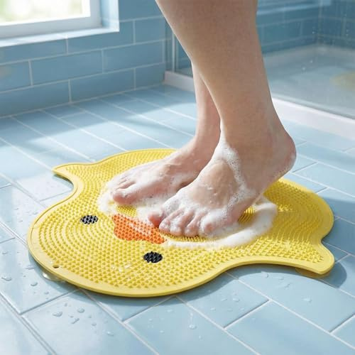 Grand tapis de douche avec ventouses antidérapantes – Nettoie, exfolie, masse vos pieds sans se pencher, circulation des pieds et soulage les pieds fatigués (canard jaune)