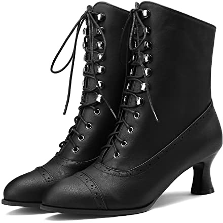 Voviggiw Lace Up Ankle Boots for Women Kitten Heel Victorian Boots Pointed Toe Booties Side Zipper