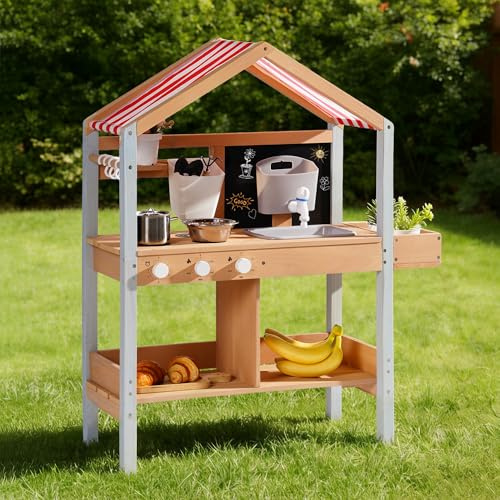 ROBOTIME Mud Kitchen Lekset för barn utomhus, lekkök med avtagbar växtlåda, diskbänk, spis, växtverktyg och förvaring, flera tillbehör, rollspel för småbarn från 3 år