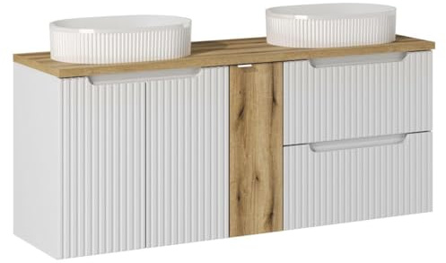 Deconation Ensemble Salle De Bain Meuble Double Vasques + Plateau Effet Chêne 140 Cm - A Portes + Tiroirs - Astral Blanc