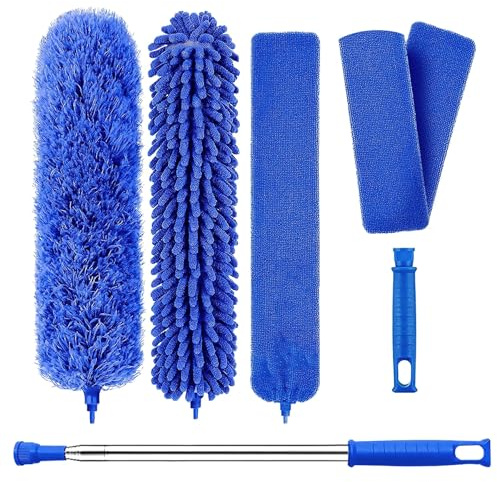 GEEZY 6 Piece Microfiber Duster Set with Extendable Pole 16-100 - Telescopic Feather Duster, Chenille Head & Crevice Brush - Blue Bendable Long Reach Cleaning Tools for Ceilings, Blinds & Fans