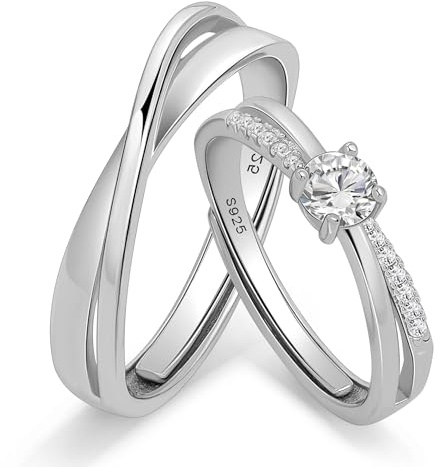 Messia Alianzas de Plata Pareja Anillos de Compromiso de Ley 925 Diseño Cruzado con Circonita Redonda Anillo Ajustables para Ella y Él Boda Aniversario Regalo