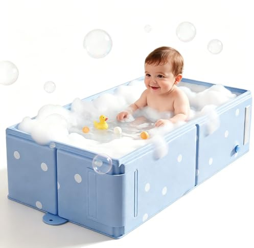 Bañera plegable para bebé, bañera grande para bebés y niños pequeños de 0 a 36 meses, bañera de viaje plegable portátil con base antideslizante y tapón de drenaje, ahorra espacio para pequeños