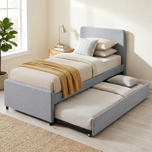 HOMCOM 3ft Single Bed Frame with Trundle Upholstered 90 x 190 cm Light Grey