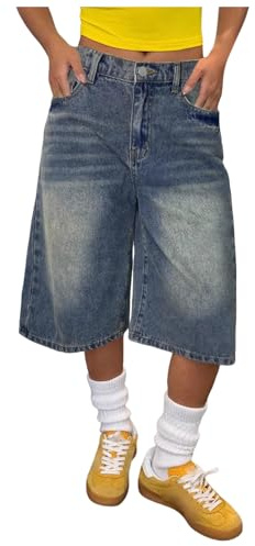 Générique Short Jean Fille D'été Décontracté à Jambe Large Taille élastique Short Mi-Long Taille Haute Ete Shorts et Jeans Rétro Coupe Ample Confortable Baggy Shorts Jean pour Adolescentes