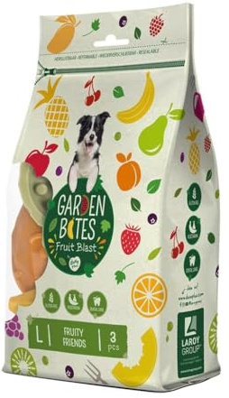 Garden Bites Fruity Friends - Snacks Vegetarianos para Perros - Sin Gluten - Sabor a Frutas - Alimento Rico en Vitaminas, Calcio y Hierro - Pack de 270g y 3 Uds de 12,5 cm - Duvo+