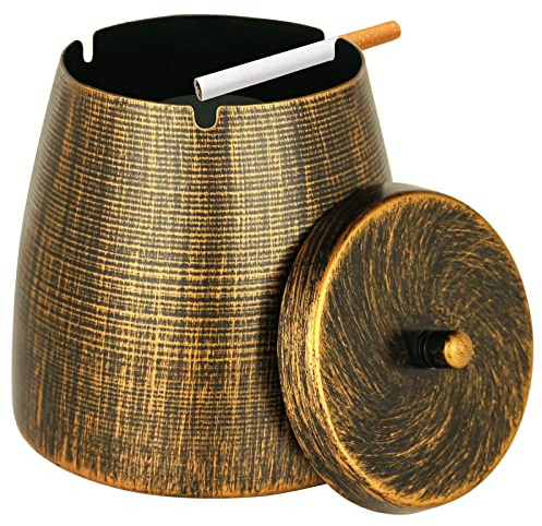 OILP Cenicero para exteriores con tapa, cenicero sin humo para cigarrillos, puros al aire libre, interior, impermeable, sin olor, cenicero de metal retro para patio, hogar, decoración de mesa exterior