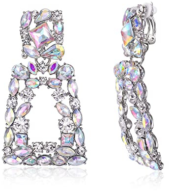 EVER FAITH Clip Boucle d'Oreille Femme Boucles d'Oreilles Pendantes Grand Rectangle Goutte Géométrique Gemme Strass Fantaisie Non Piercing