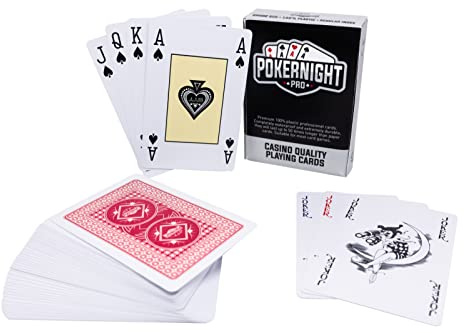 Poker Night Pro Mazzo di Carte da Gioco Professionale 100% Plastica Impermeabile - (Retro Rossi) | 55 Pezzi per Mazzo Inclusi 3 Jolly | Indice Regolare | Qualità CASINO