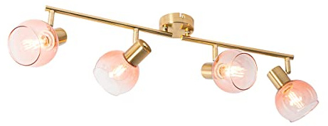 QAZQA - Art Deco Art Deco Spot I Spotlight I Deckenspot I Deckenstrahler I Strahler I Lampe I Leuchte Gold I Messing mit rosa Glas 4-flammig Spotbalken-flammig - Vidro I Wohnzimmer I Schlafzimmer - St