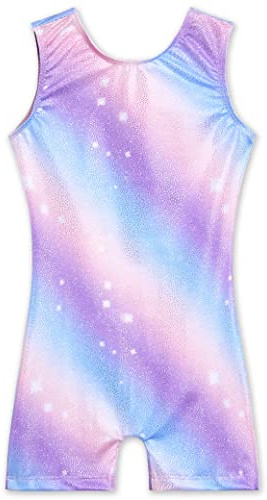 TENVDA Biketards for Girls Gymnastics Leotards Size 5-6 Years Old Sparkly Purple Stripe Glitter Print Sleeveless Unitard