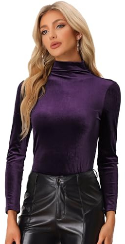 Allegra K Chemise à Manches Longues pour Femmes Col Montant Stretchy Velvet Col roulé Basic Blouse Tops Mauve XL