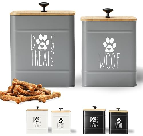 PERFNIQUE Juego de 2 recipientes herméticos para golosinas para perros, tarro de galletas para perros para encimera de cocina, recipiente de golosinas para mascotas, recipiente de golosinas para