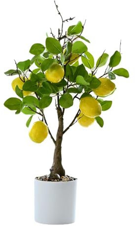 ZHDOKA Konstgjorda Krukväxter, 17,7 Tum Falska Citron/apelsinträd Bonsai Fuktskum Granatäpple Citrusträd med Vit Kruka, Konstgjorda Gröna Bladväxter för Hem, Kontor,(Konstgjord citron)