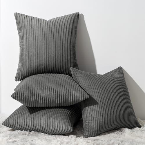 Topfinel Kissenbezug 45x45 4er Set Kord Kissenbezüge Kissenhülle Dekokissenbezug sofakissen Set dekokissen Kissen für Sofa Schlafzimmer deko Wohnzimmer Balkon Gestreift Dunkel Grau