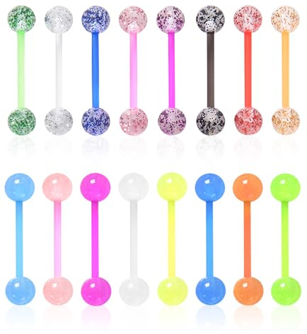 HDGSAFD Lot de 16 piercings de langue colorés en acrylique avec paillettes, bijoux de piercing de langue personnalisés