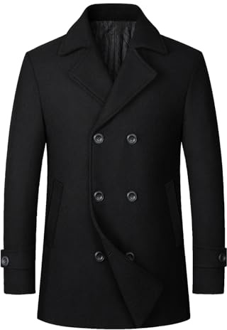 Sukany Men's Casual Wool Blend Coat Jacket Warm Classic Double Breasted Notched Collar Pea Coat Black M