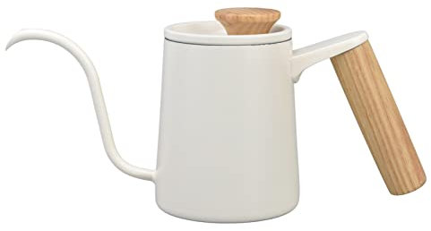 Mini hervidor de cuello de cisne con mango de madera, cuello de cisne para verter sobre café, cafetera de acero inoxidable con boquilla larga y estrecha, blanco mate (350 ml)
