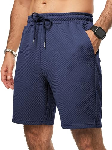 Elegancity Mens Shorts Casual Elastic Waist Drawstring Texture Shorts for Men Summer Regular Fit Beach Vacation Pants with Pockets,Blue XL