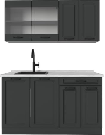 Vicco Singleküche R-Line, Anthrazit Landhaus, 140 cm, AP Marmor, zur flexiblen Erweiterung mit weiteren Modulen geeignet