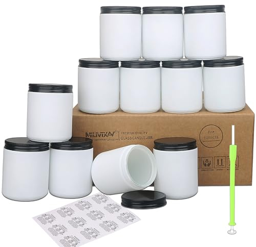 MILIVIXAY Paquete de 12 tarros de 250mL de vidrio esmerilado blanco grueso con tapas de metal negro para hacer velas - Tarros de vela vacías a granel - Tarro de envasado para especias, líquidos