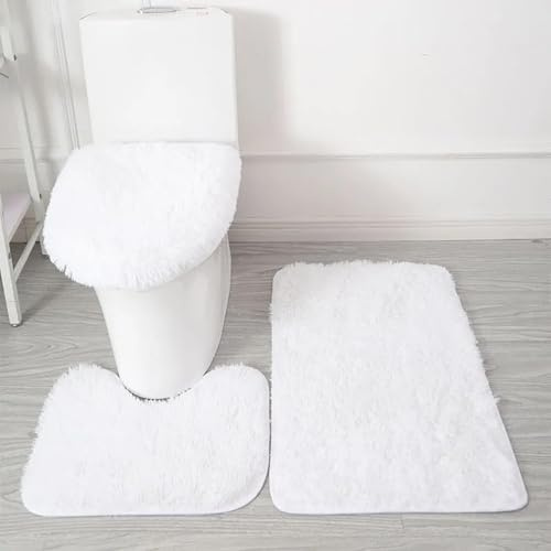 Générique Alfombra de Baño de 3 Piezas de Microfibra Ultra Suave – Antideslizante, Absorbente, Lavable a Máquina, Alfombra de Contorno de WC y Funda de Tapa de Inodoro (Blanco)