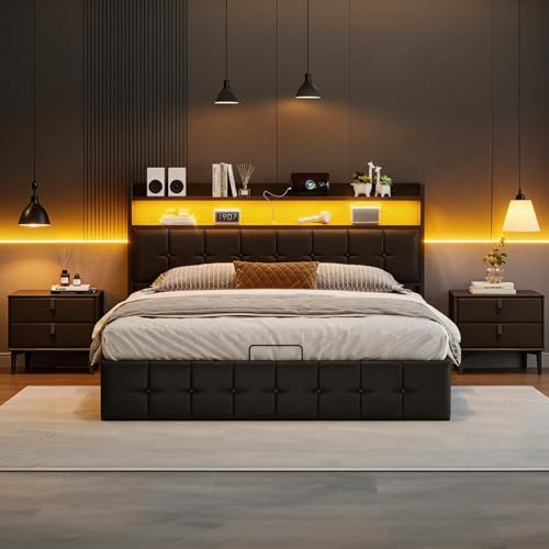 QMTXBYJ Cama Tapizada 160x200, Cama Matrimonio 160x200 cm con Carga USB y Cabecero LED,Camas Matrimoniales con Almacenamiento Hidráulico,Camas Juveniles Cama Doble con Somier,Sin Colchon,PU