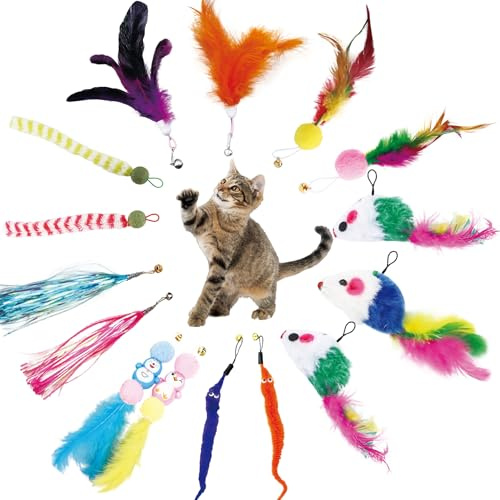 KITCHSTAR 15PCS Cat Wand Toy Accessories, Cat Feather Toy Attachments Replacements, Mouse Toy and Tassels Strip for Indoor Cats Kitten
