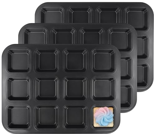 KOHAND 3 Pack Mini Loaf Pan 12 Cavity, Non-Stick Square Muffin Baking Pan Carbon Steel, Bread Baking Tray for Cookie Chocolate Cheesecake Brownie, 35.5x26.5x3cm, Grey