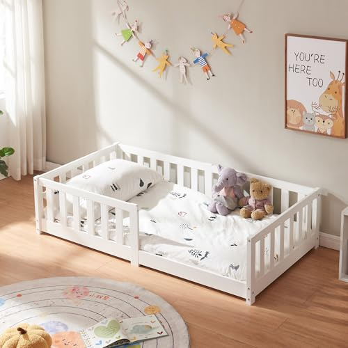 [en.casa] Kinderbett Tanna Bodenbett 80 x 160 cm Holzbett für Kinder mit Rausfallschutz Montessori Bettgestell mit Lattenrost Kiefernholz Weiß