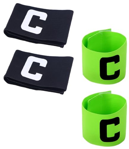 Abaodam Lot de 4 Brassards de Capitaine Réutilisables pour Football et Basketball, Bandeau Antidérapant en Tissu Léger, 2 Noirs et 2 Verts Fluorescents, Accessoire Sportif