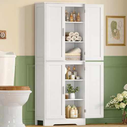 TEENFON Meuble de Salle de Bain, Armoire de Rangement 4 Portes avec Étagères Réglables, Meuble de Rangement Colonne pour Salon, Salle à Manger et Salle de Bain, 60x30x170 cm, Blanc