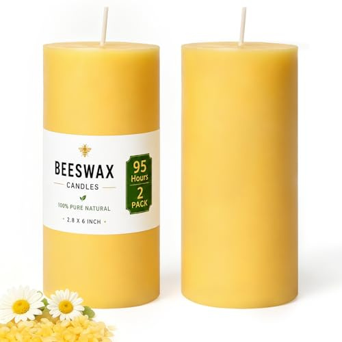 95 Hour Pure Beeswax Candles,2 Pack Large Yellow Pillar Candle, 7X15cm