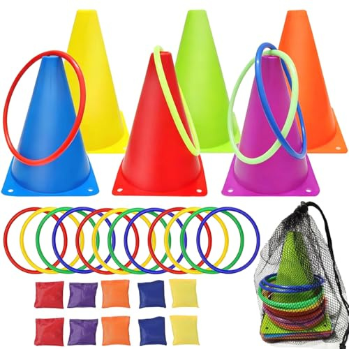 Outdoor Carnival Games Set, Bean Bag Toss,Ring Toss Game,Soft Plastic Cones Bean Bags Ring Toss Games,Birthday Party Activities Inside and Outside