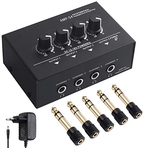 Neoteck Amplificador de Auriculares Estéreo Portátil 4 Canales Divisor Multicanal Jack de Auriculares TRS y Entrada de Audio TRS para Mezclador de Sonido con 5 Piezas de Adaptador 6.35mm to 3.5mm
