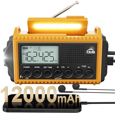 Notfallradio | 12000mAh Powerbank | Kurbelradio |Solar Radio mit Weltempfänger | AM/FM/SW, SOS, USB-C/Kopfhörer | IPX4 Regensicher, Taschenlampe & Leselampe | für Camping, Outdoor | Gelb