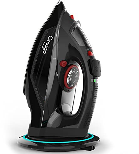 OMAIGA - Ferro wireless da 1500 W con vapore, ferro da stiro wireless per vestiti con serbatoio acqua da 12 once, ferro antigoccia, senza filo con suola in ceramica e 3 impostazioni di temperatura,